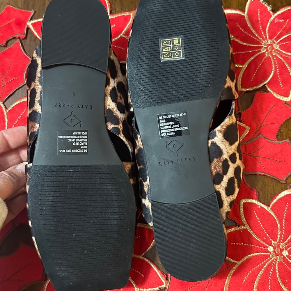 Katy Perry The Checked in Slide Leopard Print Satin Coffee Size 8M - Picture 5 of 6